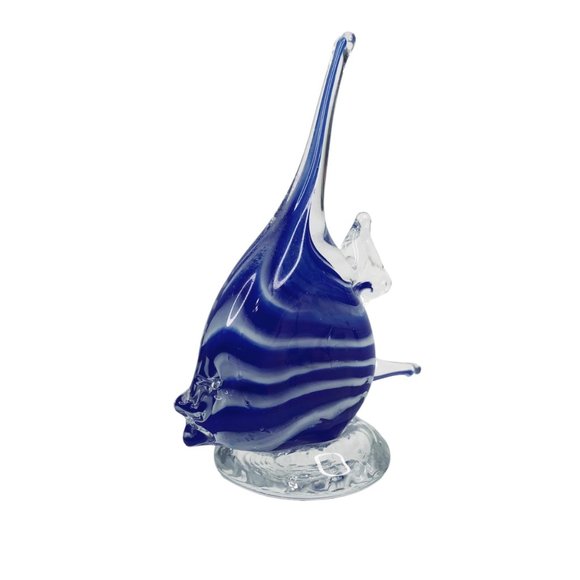 Vintage Hand Blown Art Glass Figurine Angelfish Figurine Cobalt Blue Striped - Picture 7 of 10